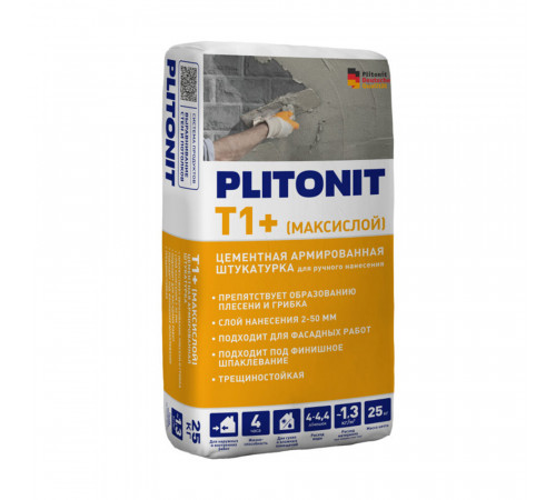 Штукатурка цементная Plitonit Т1+ (Максислой) армированная 25 кг Штукатурка цементная Plitonit Т1+ (Максислой) армированная 25 кг